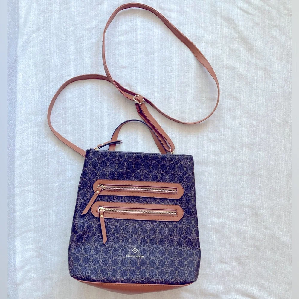 Nanette‎ Lepore Convertible Backpack Shoulder Bag Brown Logo Print Crossbody
